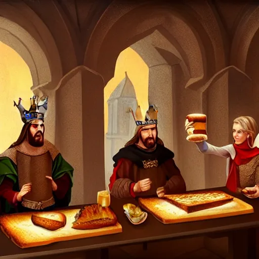 Image similar to medieval toast with king, queen and guests, realistic, artstation, fantasy