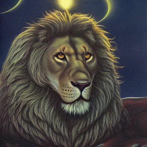 Image similar to an anthropomorphic lion by jim burns, james gurney, and david a. hardy