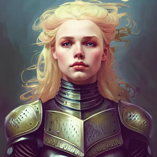 Image similar to Alice Zuberg, Portrait of a girl with blonde hair wearing a heavy knight armor, face, fantasy, intricate, elegant, highly detailed, digital painting, artstation, concept art, smooth, sharp focus, illustration, art by Fernanda Suarez and Artem Demura and alphonse mucha