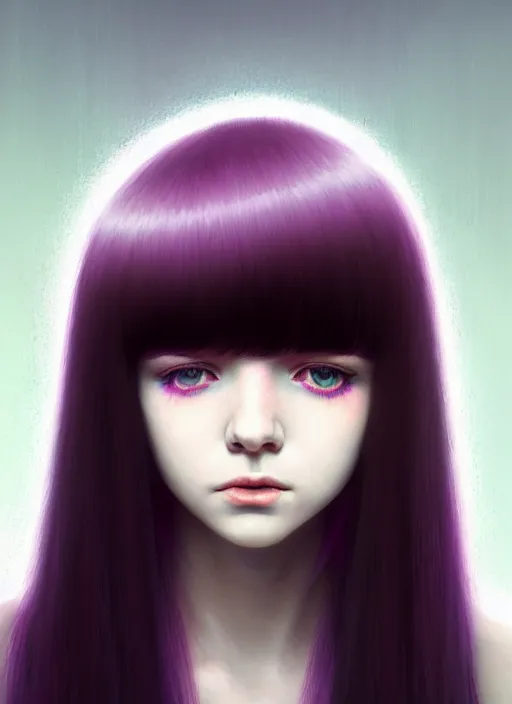 Image similar to hair whitebangs hair, black hair, whitebangs, portrait of teenage girl with white bangs, red irises, purple clothes, white bangs, bangs are different color from hair, intricate, elegant, glowing lights, highly detailed, digital painting, artstation, concept art, smooth, sharp focus, illustration, art by wlop, mars ravelo and greg rutkowski