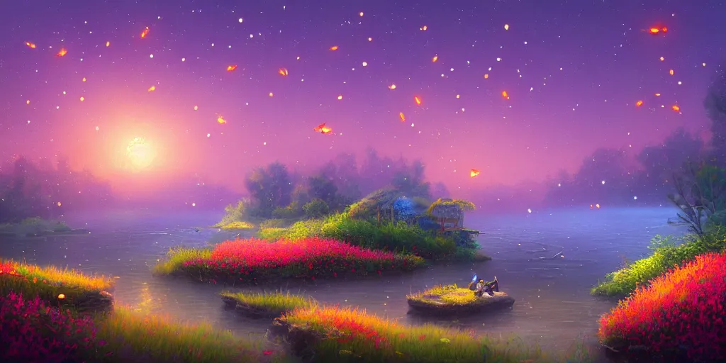 Image similar to fireflies around the ocean inspired by Evgeny Lushpin,flower meadow,spring,cinematic,trending on ArtStation