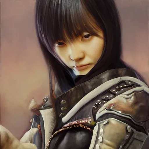 Prompt: perfect, realistic oil painting of close-up japanese young woman wearing leather jacket, in World of Warcraft