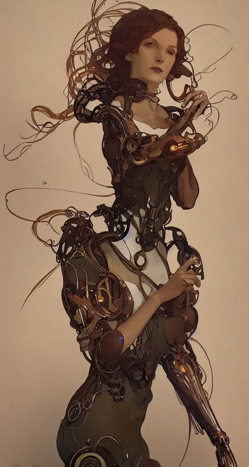 Prompt: beauty art nouveau woman, rusty robotic, trending on artstation, by WLOP,Artgerm,Greg Rutkowski,Alphonse Mucha