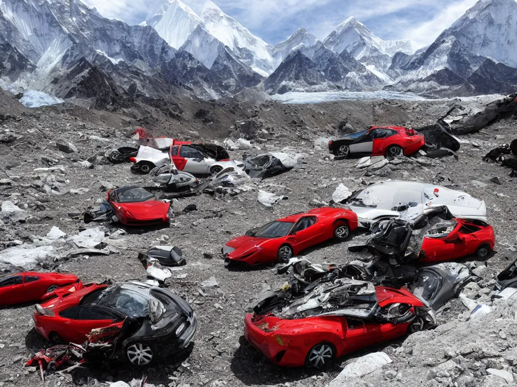 Prompt: mount everest with crashed ferraris, 3 model l