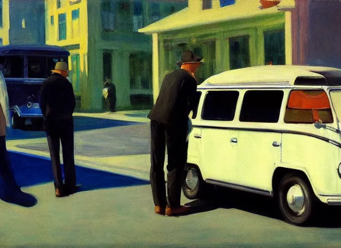 Image similar to painting, two young men and women near vw bus, by edward hopper, bernardo bertolucci dreamers movie scene