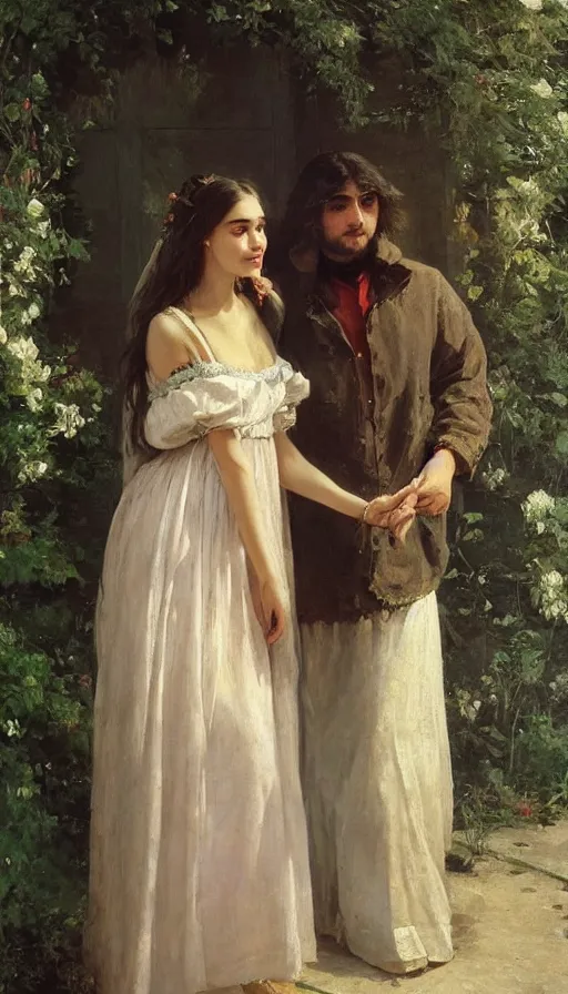 Prompt: beautiful romanticism painting of madison beer as a beautiful homely wife greeting her husband home, cottagecore, artstation, 8 k, beautiful, symmetrical face, makovsky, nikolay