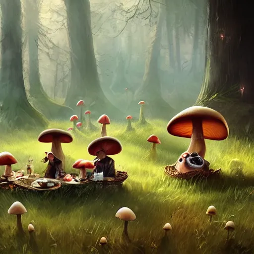 Prompt: a cute picnic in a mushroom forest. dramatic lighting, cgsociety masterpiece, artstation trending, greg rutkowski, 4k, digital art, concept art