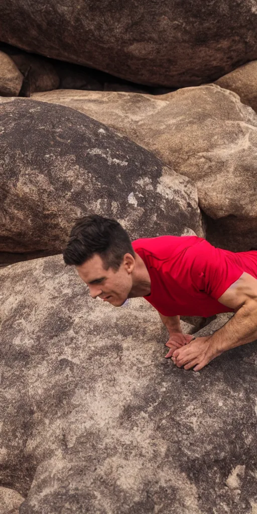 Prompt: man wearing red hawaii shirt doing pushups on top of a giant boulder in the desert, photorealistic