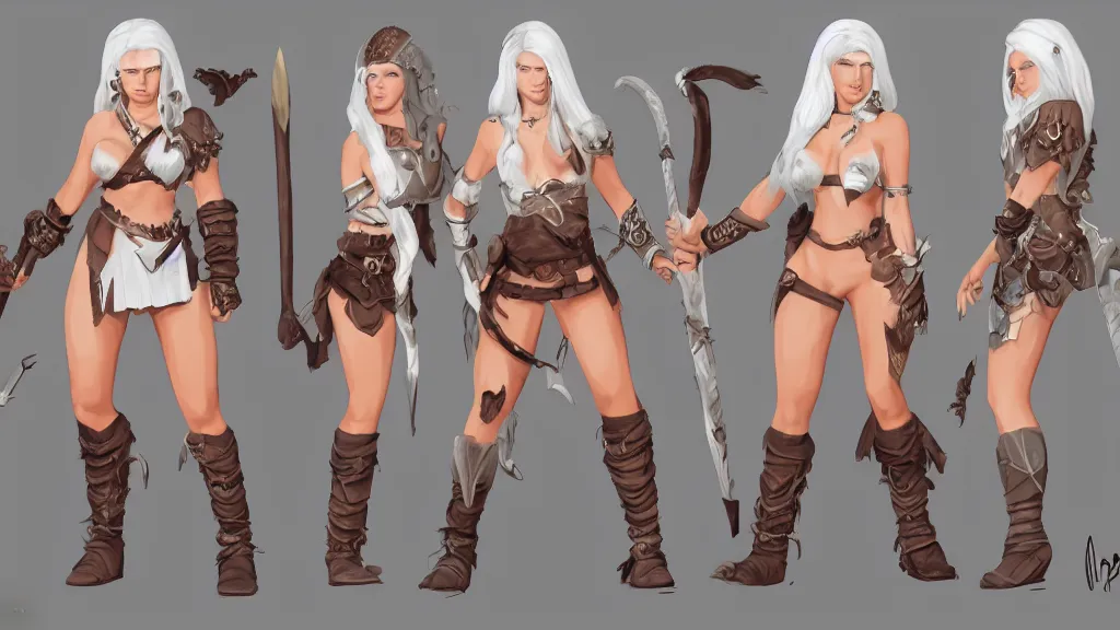 Image similar to a fantasy female barbarian with white hair character design sheet, trending on artstation