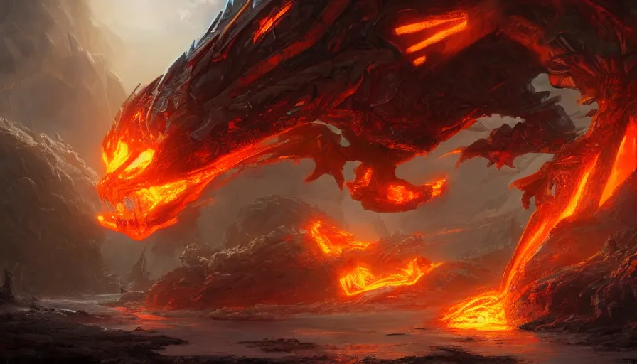 Prompt: a beautiful digital fantasy concept art of a giant electric cyborg dragon sitting on a molten rock, concept art by tyler edlin, james gurney, highly detailed, oil on canvas