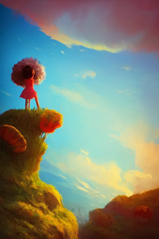 Image similar to closeup, giant flower head, girl standing on cliff, surreal photography, sunrise, blue sky, dramatic light, impressionist painting, digital painting, artstation, simon stalenhag