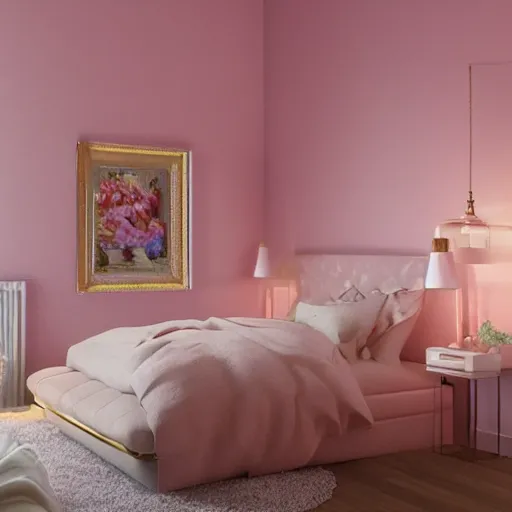 Image similar to a pink bedroom with gold walls, digital Painting, ultradetailed, artstation, oil Painting, ultradetailed, artstation