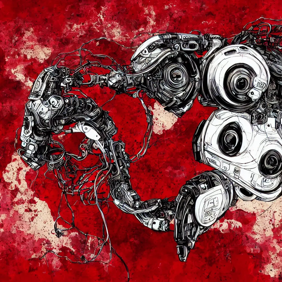 Image similar to beautiful artistic album cover highly detailed robotic bird, with head phones, digital painting, digital art, beautiful, cinematic, 4 k, ultra hd, art by frank miller, dynamic lighting, gradient dark red, cream and white color scheme, grunge aesthetic