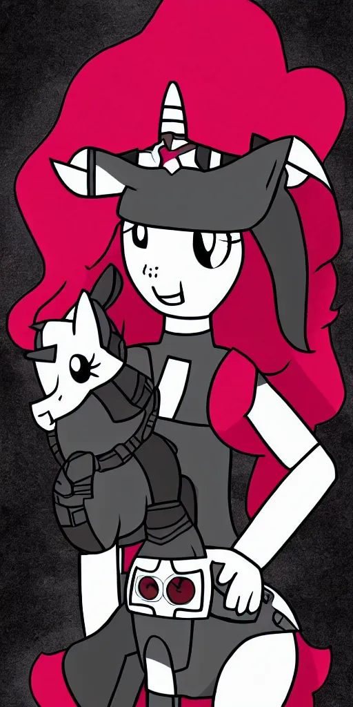 Image similar to Fallout Equestria Project Horizons | Blackjack Character Fanart | White MLP Unicorn Mare with red and black shaggy hair, and bright, robotic eyes. | Cutie Mark is: Ace and Queen of Spades | Trending on ArtStation, Digital Art, MLP Fanart, Fallout Fanart | Blackjack sitting and looking depressed at the viewer