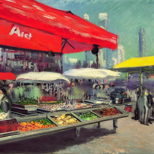 Prompt: a concept matte paint of a 21st century street food market, art by Monet and Banksy