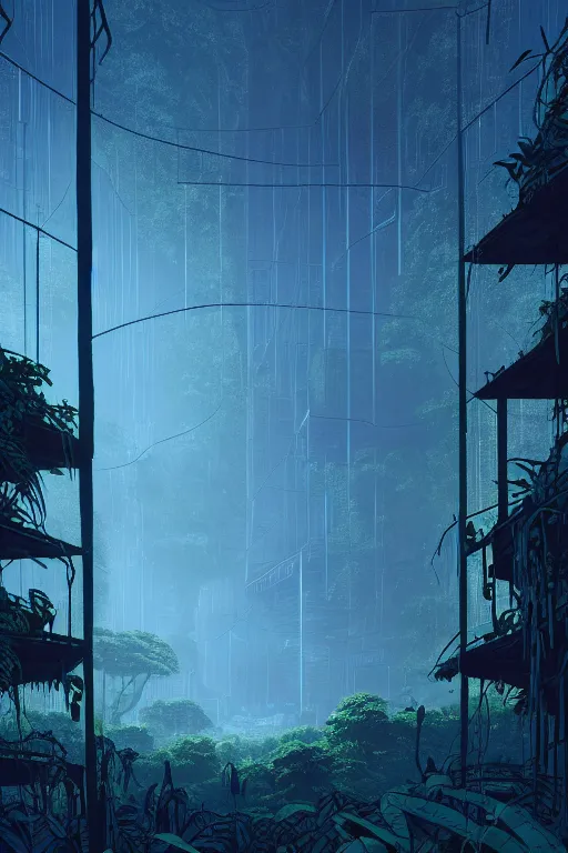 Prompt: emissary city in a jungle with a soft blue hue uder glow to the leaves, rain falling, vines, by arthur haas by james gilleard and laurie greasley, textured, cinematic matte painting, zaha hadid building, photo realism, dark moody color palate, blue hour stars, desolate glacial landscape,