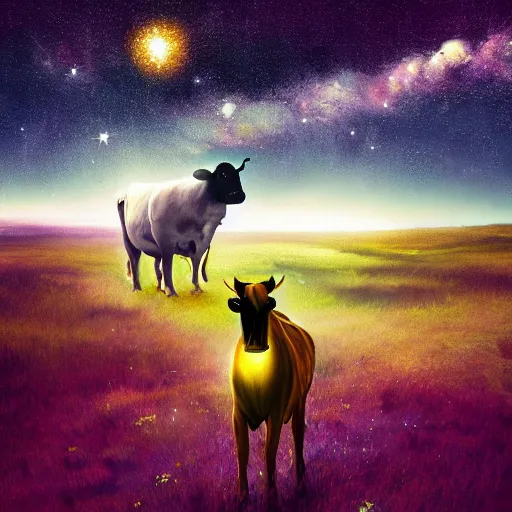 Prompt: a detailed picture of stars and a nebula shaped like a cow in a grassy field wearing a witch hat, cow wearing hat!!! viewed in profile and far away, fog in the background, ultrawide lens, aerial photography, black and blue color scheme with gold highlights, art by miyazaki and rembrandt, artstation, 8 k