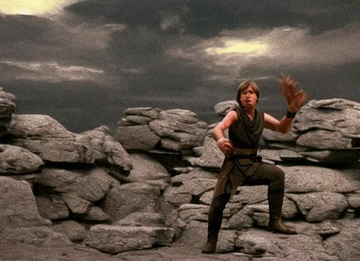 Image similar to epic still of Luke Skywalker using the force to levitate rocks above the ground in the air, ancient temple, from the 1980s film directed by Stanley Kubrick, cinematic lighting, kodak, strange, hyper real, stunning moody cinematography, with anamorphic lenses, crisp, detailed portrait, 4k image