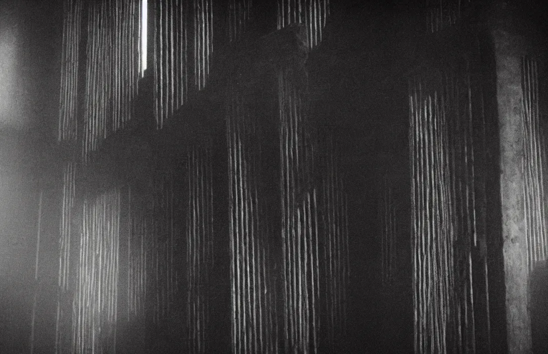 Image similar to detail of a past world in this church interior, vertical lines suggest spirituality, rising beyond human reach toward the heavens. gnarly intact flawless ambrotype from 4 k criterion collection remastered cinematography gory horror film, ominous lighting, evil theme wow photo realistic postprocessing animatronics painting by claude gellee