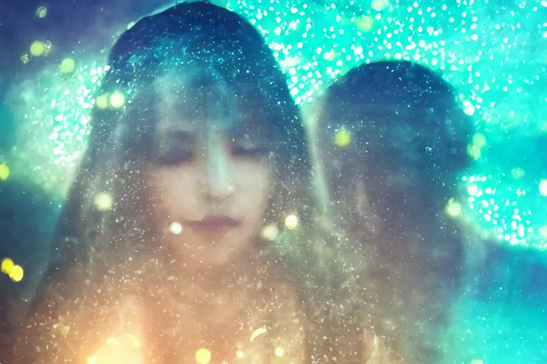 Prompt: double exposure priestess underwater reef sparkling bokeh, in the style of makoto shinkai and leiji matsumoto