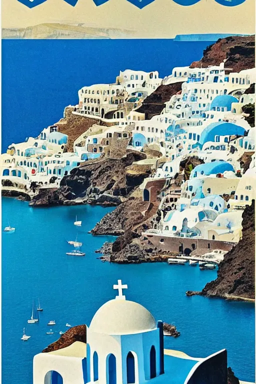Prompt: Vintage Travel Poster of Santorini Greece, famous blue and white churches, rule of thirds