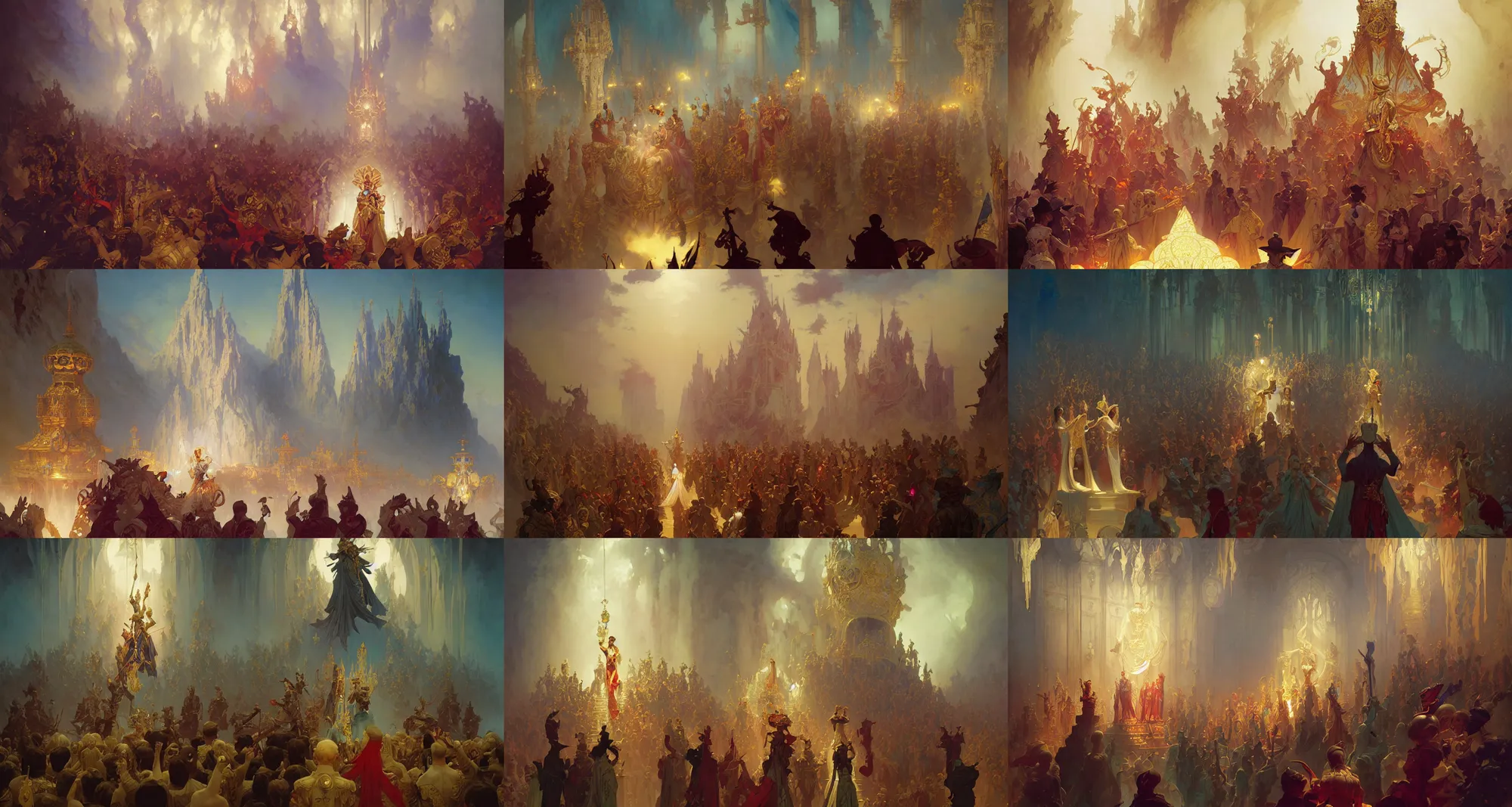 Prompt: coronation ceremony, fantasy, art by joseph leyendecker, peter mohrbacher, ivan aivazovsky, ruan jia, reza afshar, marc simonetti, alphonse mucha