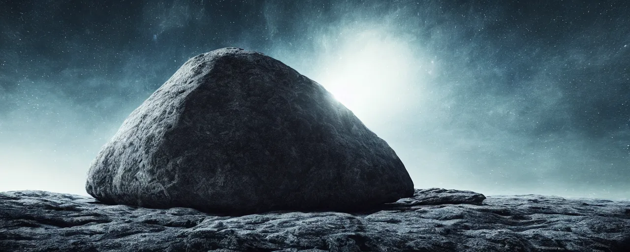 Prompt: ” giant rock in a deep black space with stars, [ cinematic, detailed, epic, widescreen, opening, establishing, mattepainting, photorealistic, realistic textures, octane render ] ”