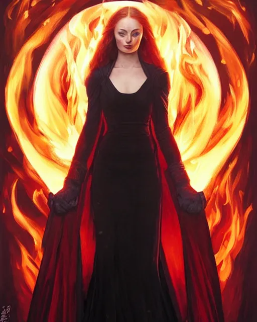 Image similar to Sophie Turner in an elegant black silk dress casting a fire spell, fire reflection in eyes, extreme close-up, deep focus, D&D, fantasy, intricate, elegant, highly detailed, digital painting, artstation, concept art, matte, sharp focus, illustration, hearthstone, art by Artgerm and Greg Rutkowski and Alphonse Mucha