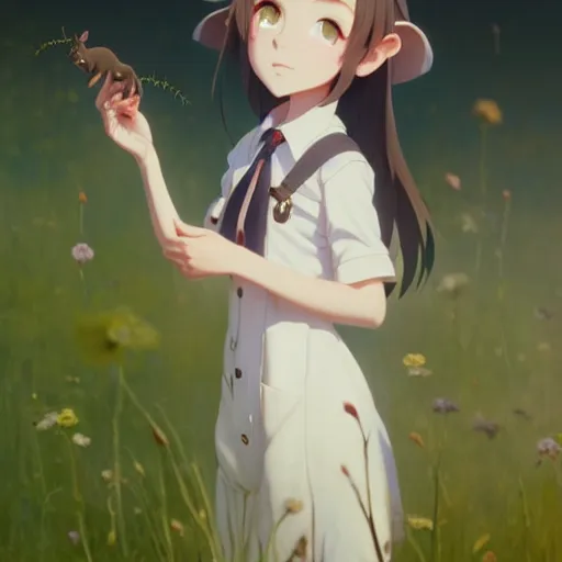 Image similar to a film still portrait of an anthropomorphic rat girl standing in a meadow under a tree, finely detailed features, closeup on the faces, perfect art, gapmoe yandere grimdark, trending on pixiv fanbox, painted by greg rutkowski makoto shinkai takashi takeuchi studio ghibli, akihiko yoshida