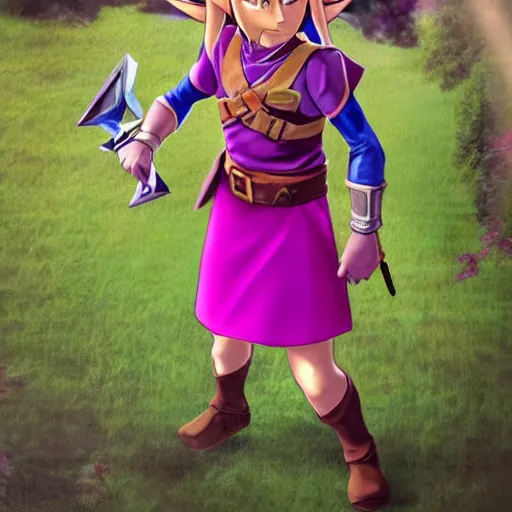 Image similar to Link from the Legend of Zelda: Ocarina of Time wearing a pink dress