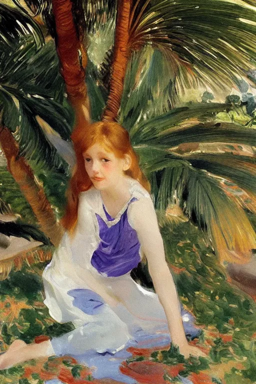 Image similar to girl with detailedly skirt lay down on a detailed persian carpet, tree palms in background, painting by john singer sargent