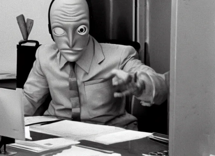 Image similar to an alien wearing a suit working a desk job at Area 51 in 1960s, archive photograph