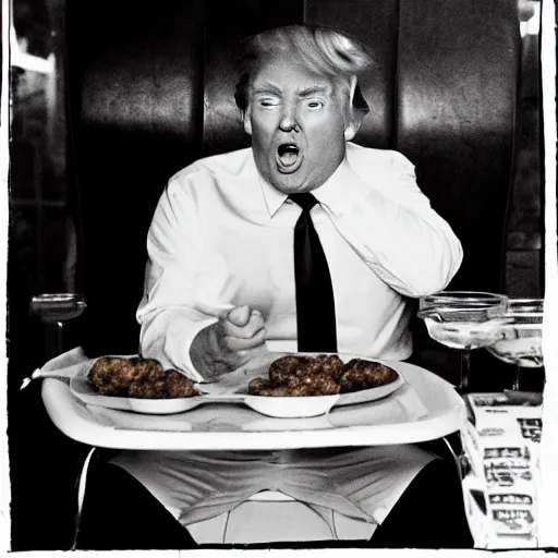 Image similar to Donald trump as a man baby crying, sitting in a high chair, because his mom is with holding a plate chicken nuggets, mannerism,