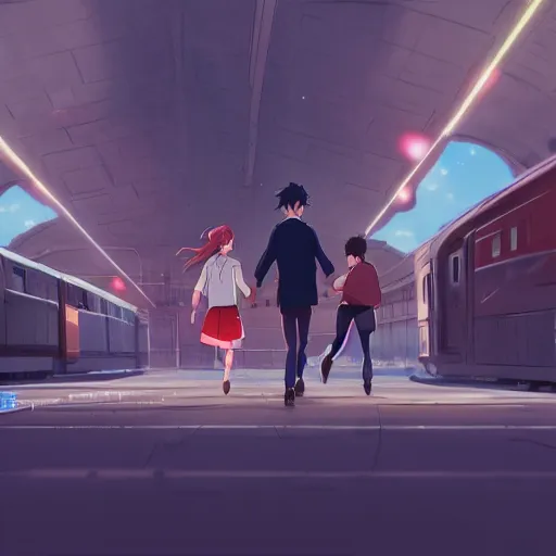 Prompt: a couple meeting up at a trainstation, running at each other with open arms, in the style of Kimi no Na wa. cgsociety masterpiece, artstation trending, by rossdraws, ghibli, your name, greg rutkowski