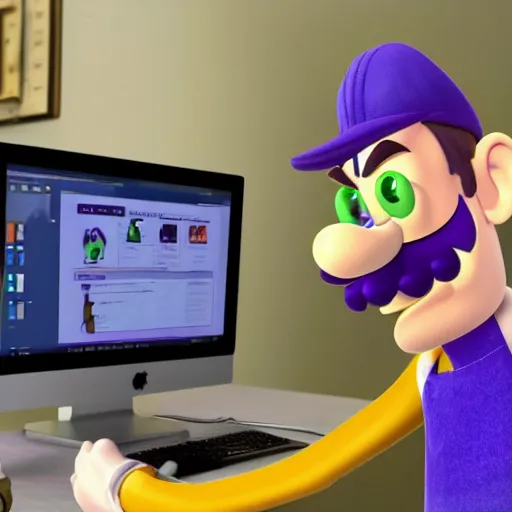 Prompt: waluigi using the computer, hd