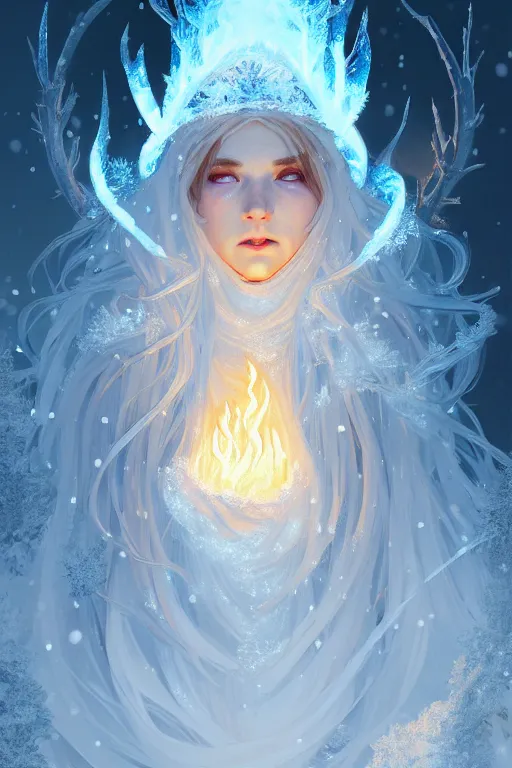 Prompt: beautiful ancient frost witch, flames around, snowy glow, snowfall, highly detailed, digital painting, artstation, sharp focus, illustration, art by tan zi and ayanamikodon and alphonse mucha and wlop