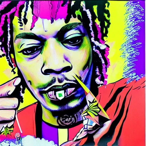 Prompt: a psychedelic painting of the rapper wiz khalifa smoking a joint surrounded by paper planes