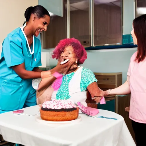 Prompt: photograph of a nurse giving a patient a birthday cake