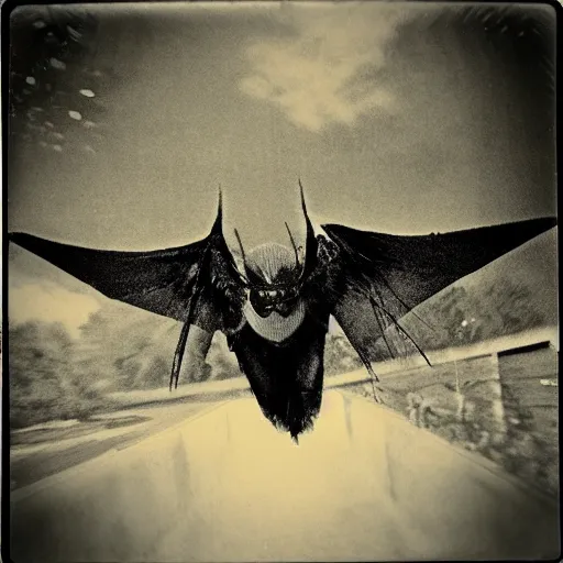 Image similar to mothman flying at the camera, polaroid, blurry, scary, found footage horror, terrifying