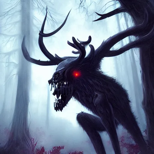 Prompt: A scary wendigo about to hunt a hunter in a dark forest, eerie, scary, horror, digital art, artstation, WLOP, Mandy Jurgens