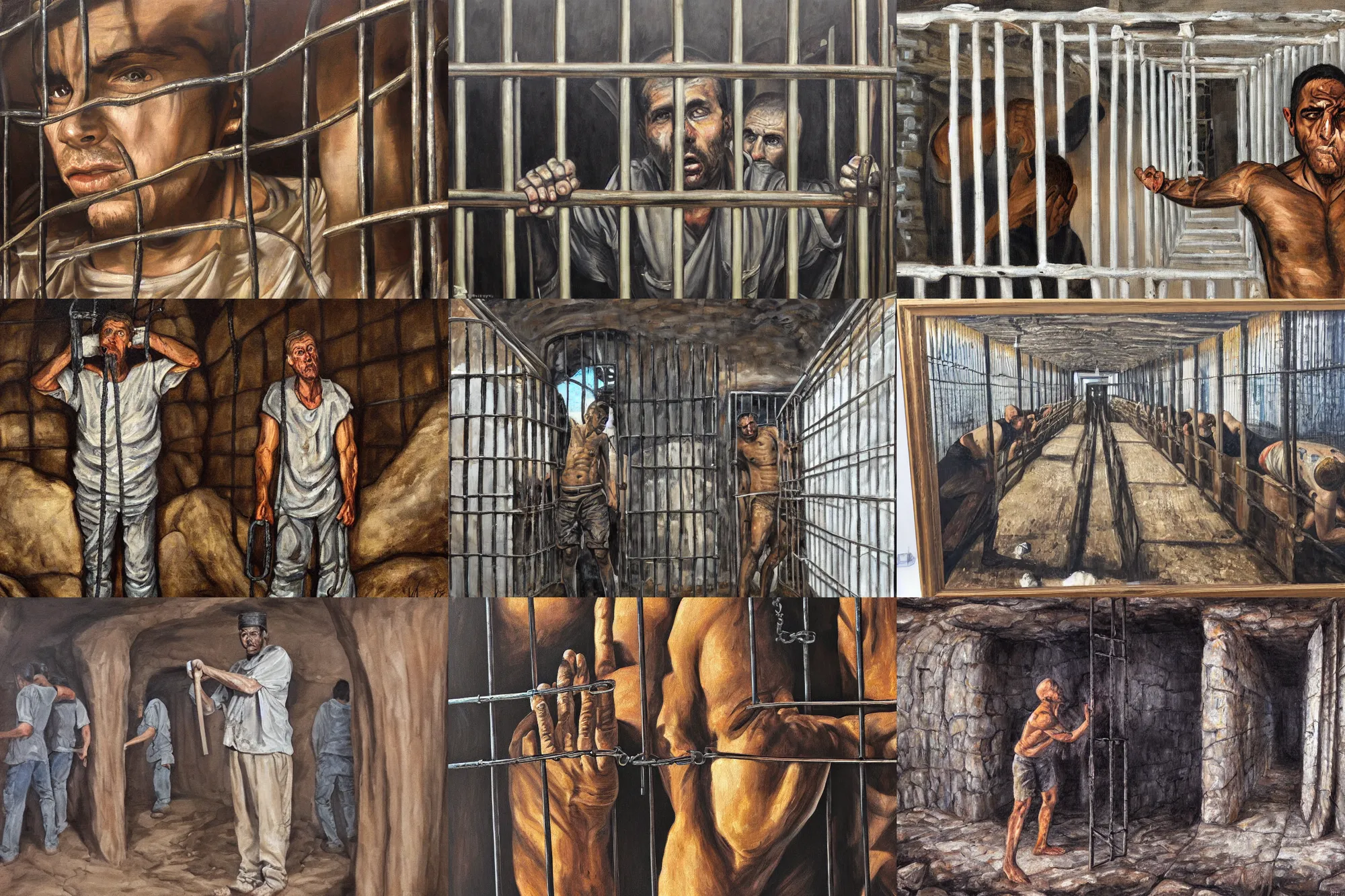 Image similar to ultra wide full length painting of a prisoner holding prison bars, cave prison, highly detailed, high resolution, oil in canvas