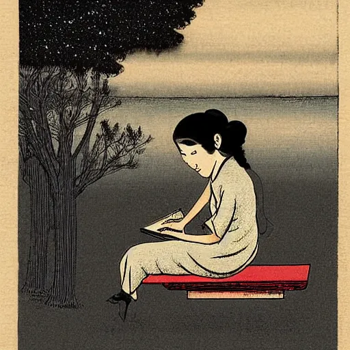 Prompt: a person sitting on a bench reading a book at night, a storybook illustration by steve brodner, deviantart, ukiyo - e, storybook illustration, photo, woodcut