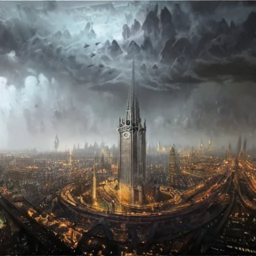 Image similar to an ultra detailed matte painting of a lonely and impossibly tall ominous gothic dark citadel tower of the evil patriarch, elevated high above the city, in a river elevated high above the city, fantasy capital city, ultrawide lense, aerial photography, scary thunderstorm, light fog, volumetric lighting, exquisite detail, 8 k, art by greg rutkowski and alphonse mucha