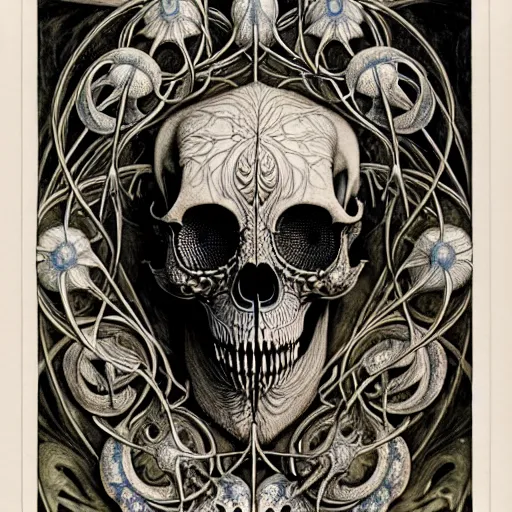 Image similar to art forms of nature by ernst haeckel, memento mori by arthur rackham, ornate antique porcelain beautiful skull mask, ultrasharp, photorealistic, hyperdetailed, octane render, polished, art nouveau, neo - gothic, gothic, intricate ornamental organic filigree, art nouveau botanicals, art forms of nature by ernst haeckel, horizontal symmetry, symbolist, visionary