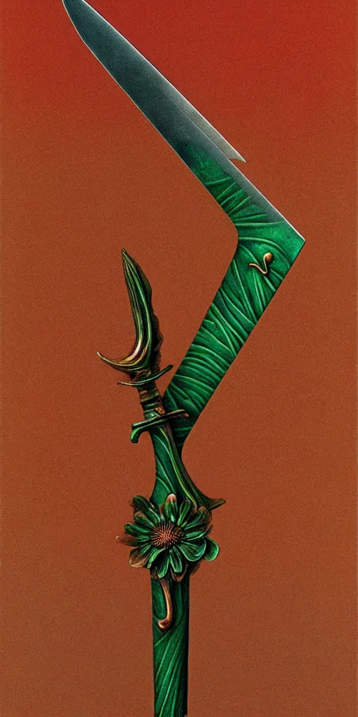 Image similar to a sword made from flower petals in the style of zdzisław beksinski, elegant, copper and emerald