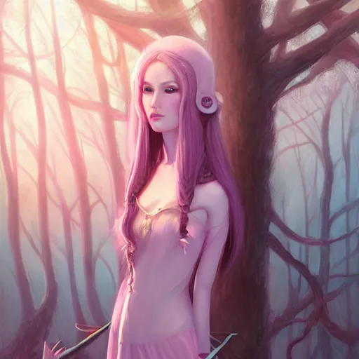 Prompt: elven huntress in mystic forest, pastel light pink very long hair, muted colors, matte print, pastel colors, 2d, ultra highly detailed, digital art, digital painting, fan art, elegant, artstation, head is centered, by Ilya Kuvshinov