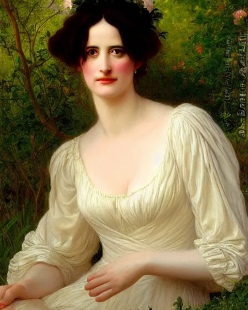 Prompt: eva green portrait en buste of eva green vesper lynd vannessa ives by Hughes Merle, by Pierre Auguste Cot, perfectly detailed eyes, realistic fabric, abundant detail