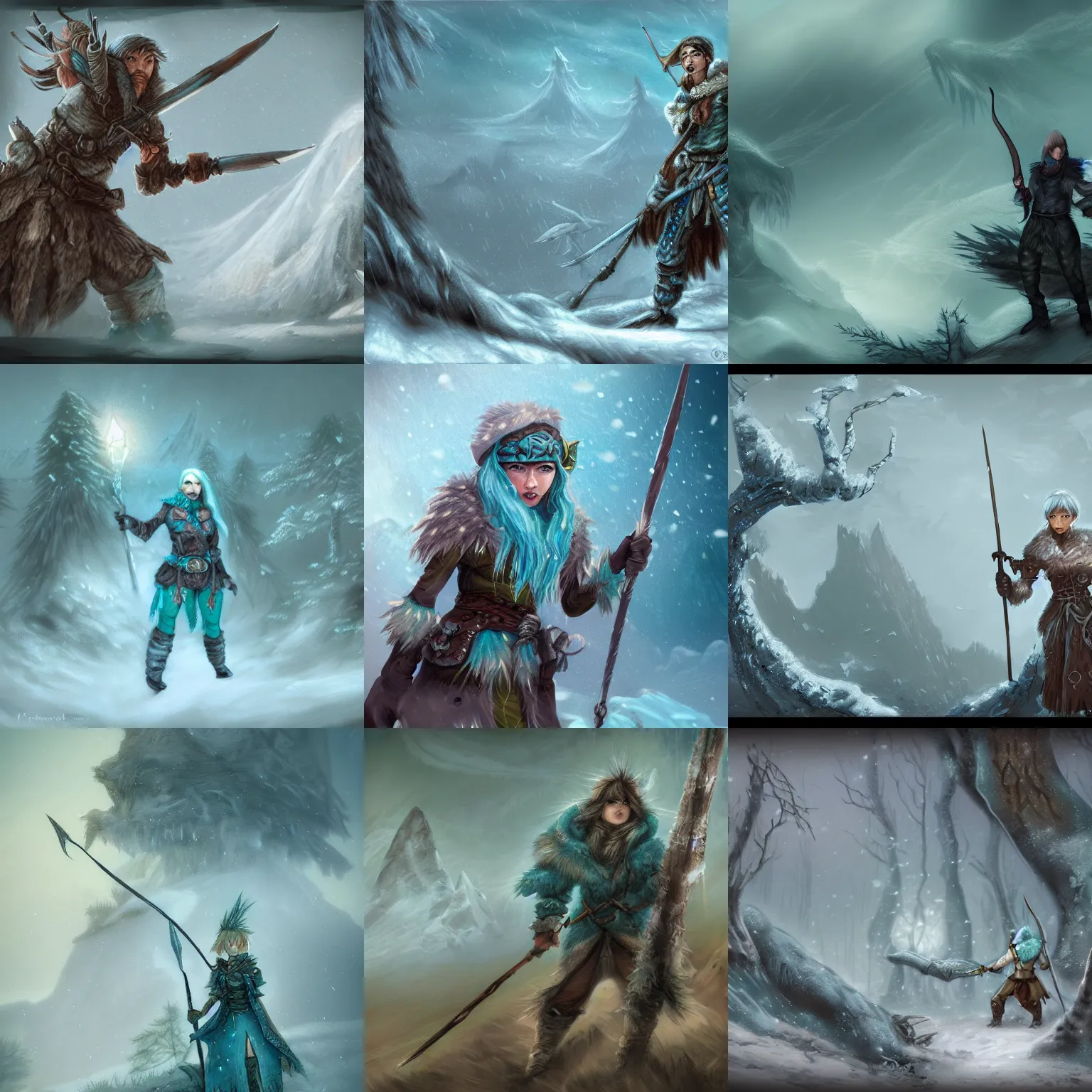 Prompt: fantasy hunter in icewind dale, bagshaw art style, falling snow, misty, fog, masterpiece, teal palette, curvy and bow