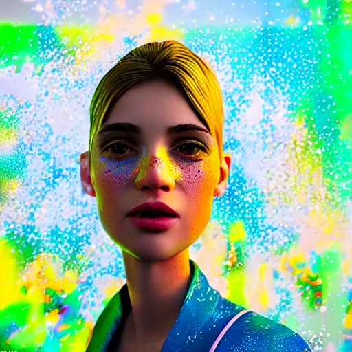 Image similar to cartoon portrait made out of rain, dancing in the clouds with splashes of neon colors, rendered in octane, unreal engine, highly detailed, beautiful