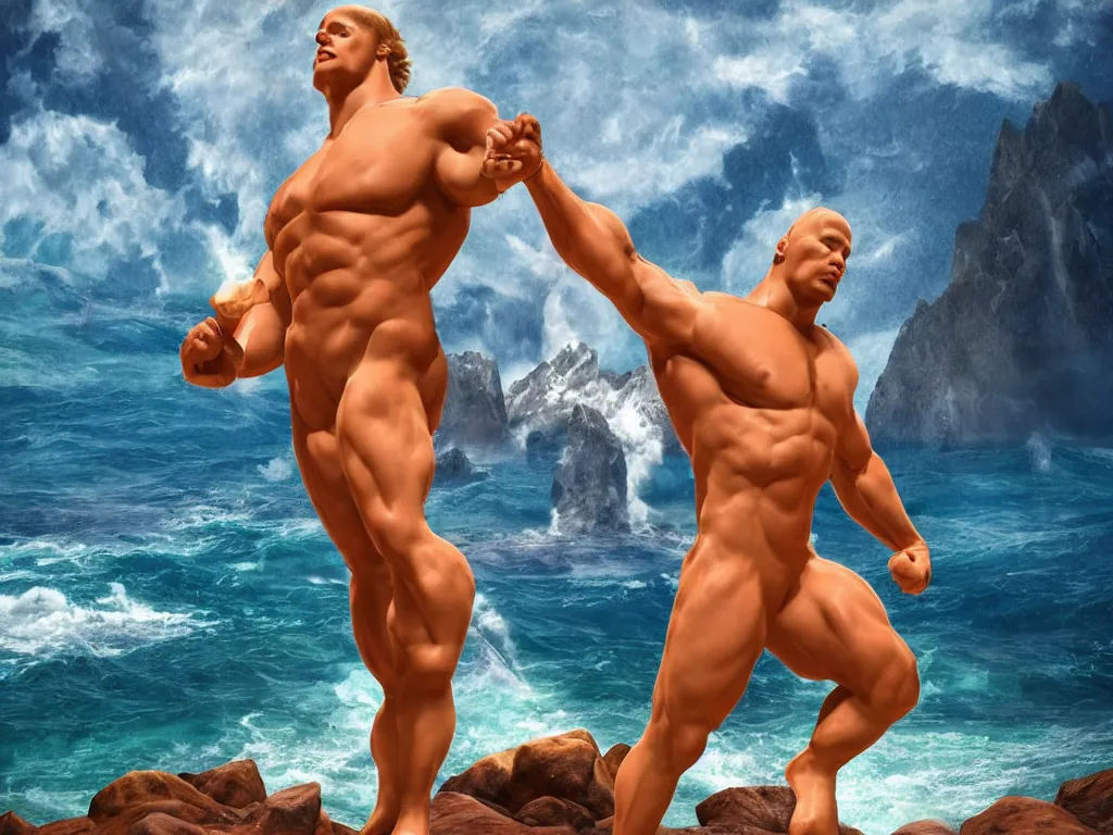 Prompt: mountain with strong arms standing on muscly legs in speedos in the middle of the ocean, religious portrait lighting, oil painting 3d rendering